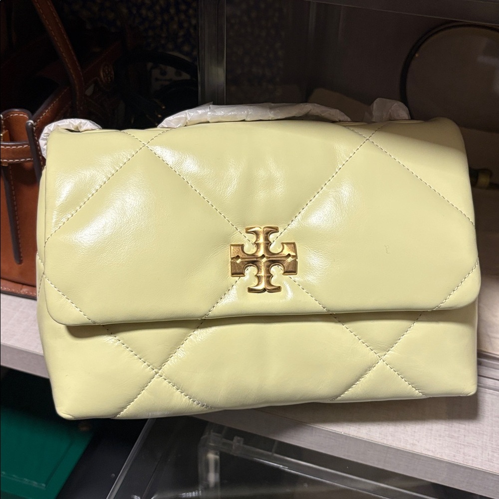 Tory Burch Kira Yellow Quilted Leather Shoulder Bag with Gold Logo